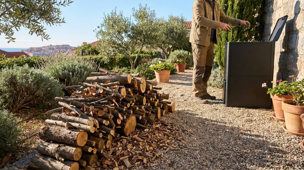 Un homme jette des déchets végétaux dans un composteur près d'un tas de bois de chauffage dans un jardin méditerranéen.