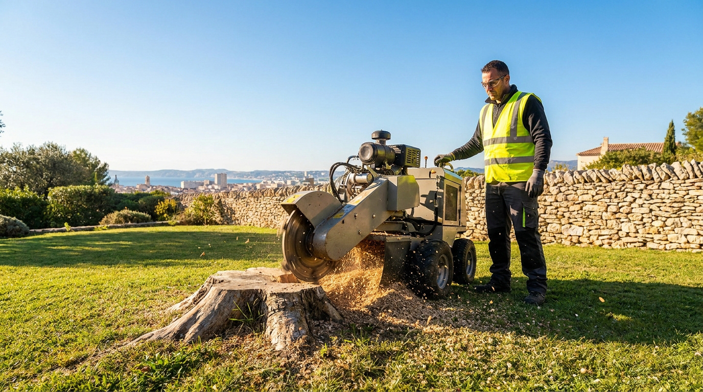 Un professionnel utilise une rogneuse de souche dans un jardin avec Marseille en arrière-plan.