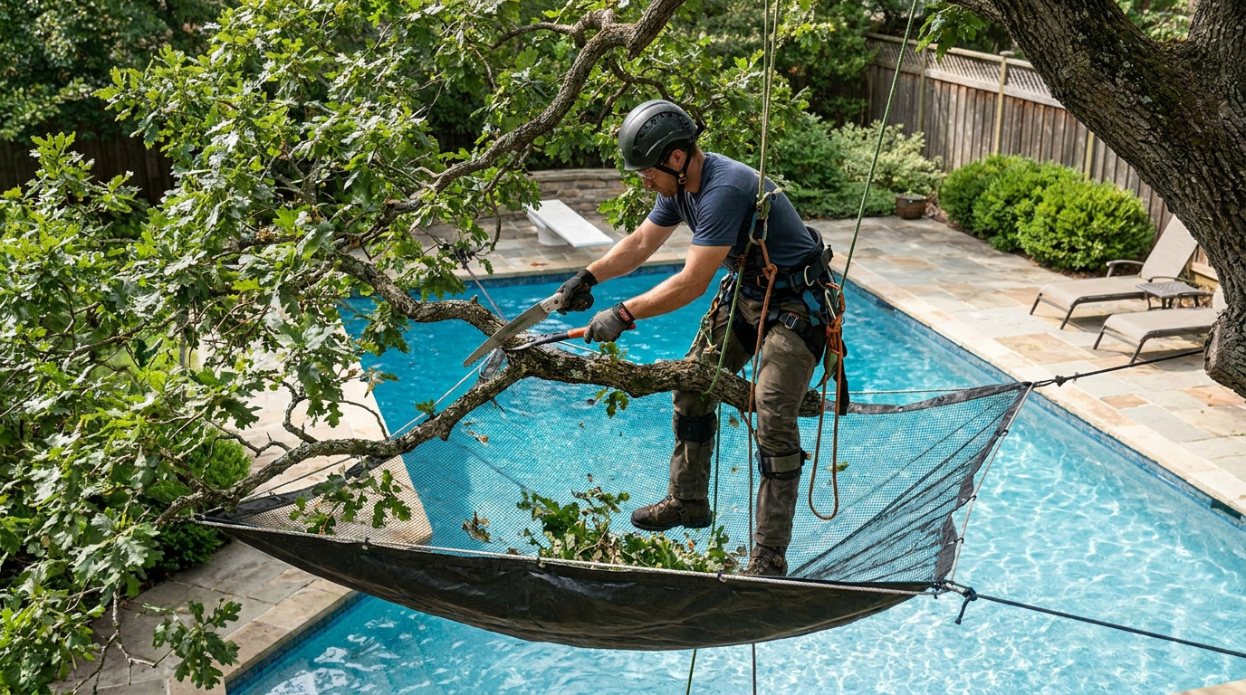 Un élagueur professionnel coupe une branche au-dessus d'une piscine en utilisant un filet de protection pour les débris.