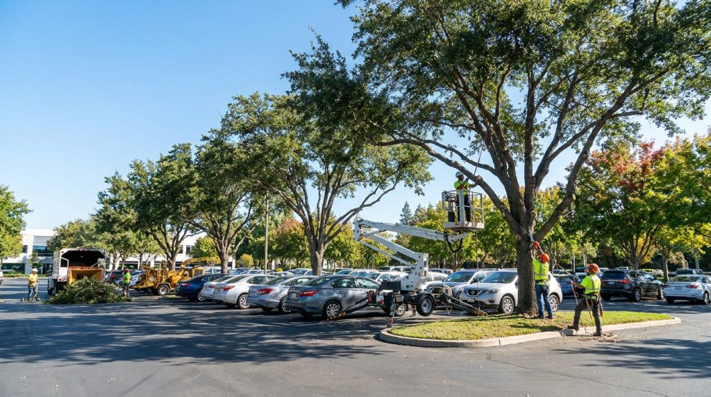 Une équipe d'élagueurs travaille sur un arbre au-dessus d'un parking avec une nacelle et du matériel de sécurité.