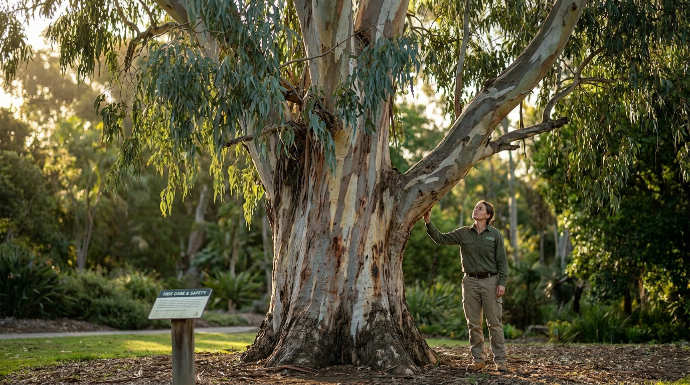 Une arboriste examine un grand eucalyptus dans un parc pour évaluer son état de santé et les risques potentiels de chute.