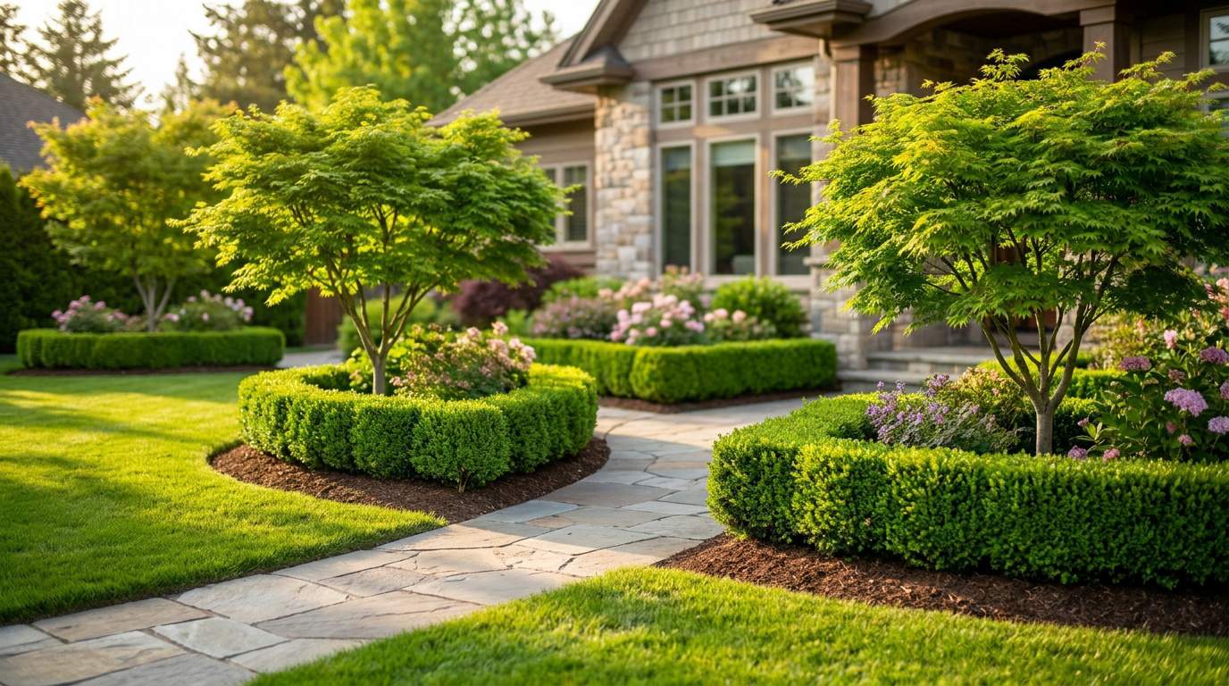 Jardin paysager avec allée en pierre menant à une maison moderne entourée d'arbustes et d'arbres taillés avec soin.