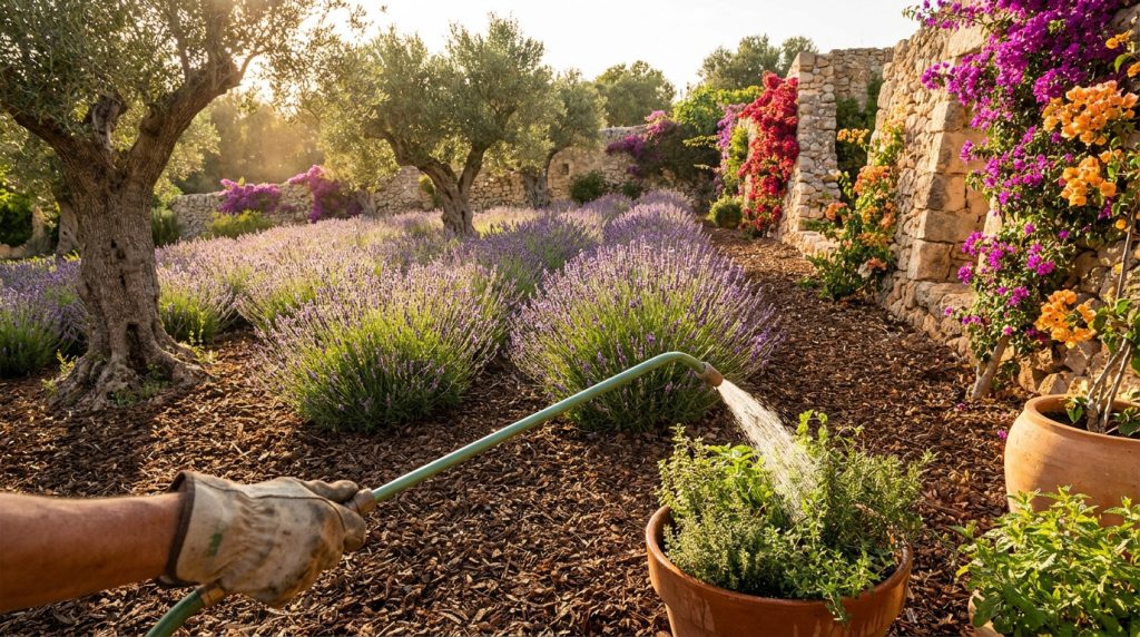 Main gantée arrosant des herbes aromatiques dans un jardin ensoleillé avec lavandes et oliviers en arrière-plan.