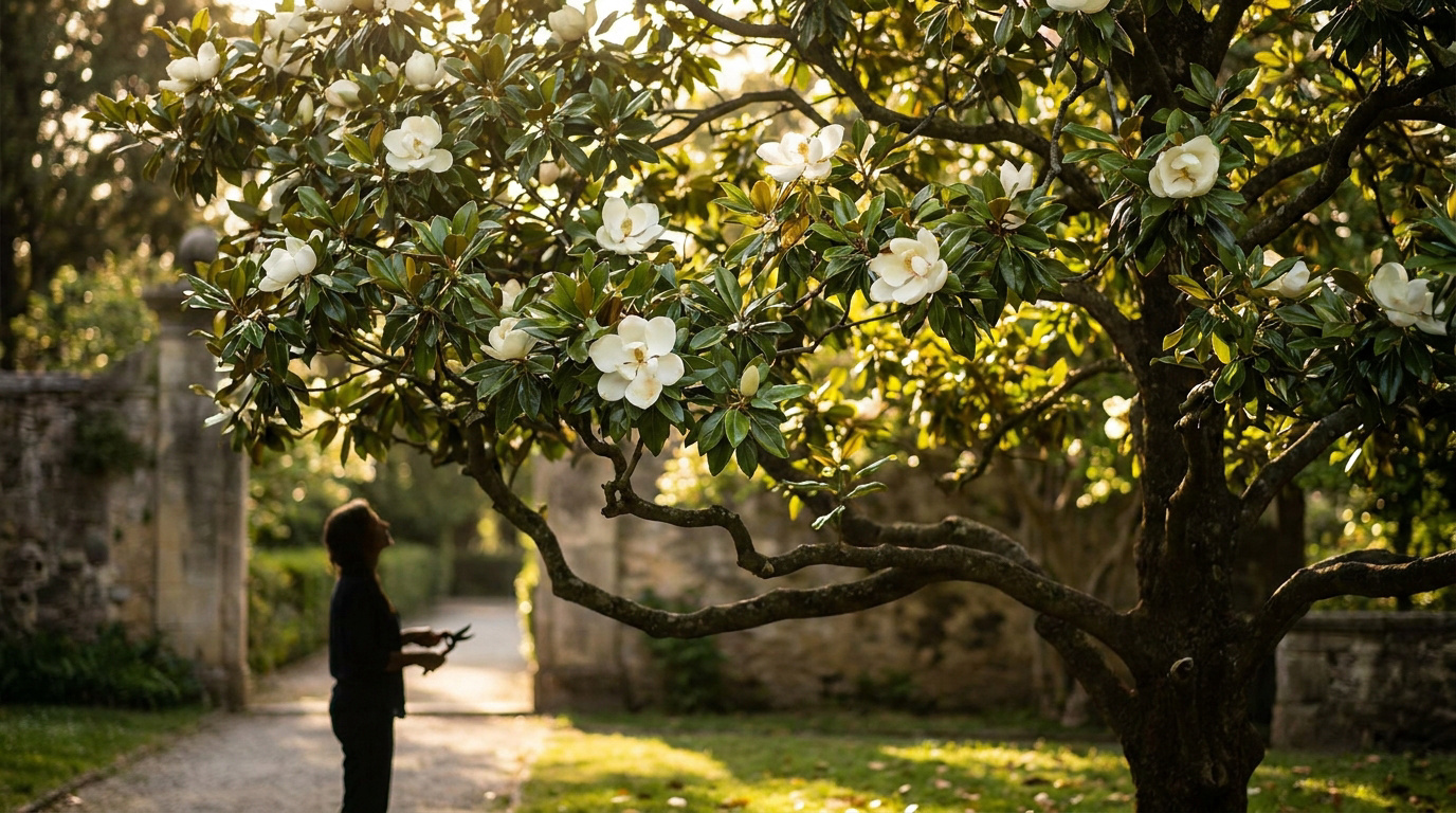 Une personne tenant un sécateur devant un grand magnolia en fleurs dans un jardin ensoleillé.