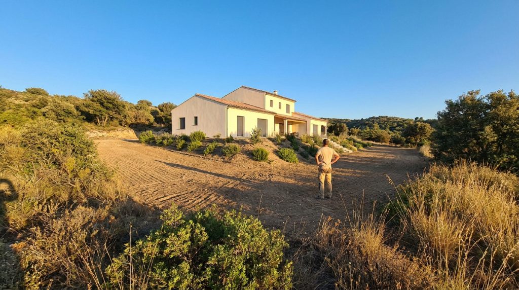 Un homme observe une maison située dans une zone de garrigue après des travaux de débroussaillement du terrain.