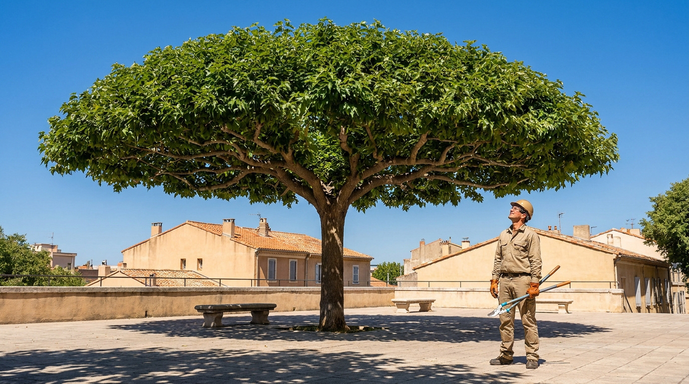 Un arboriste en tenue de travail regarde un mûrier-platane taillé en parasol sur une place urbaine.