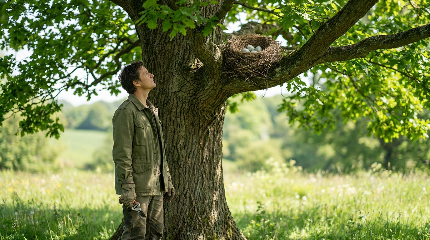Un jardinier observe un nid d'oiseau avec des œufs installé dans un arbre avant de commencer l'élagage.
