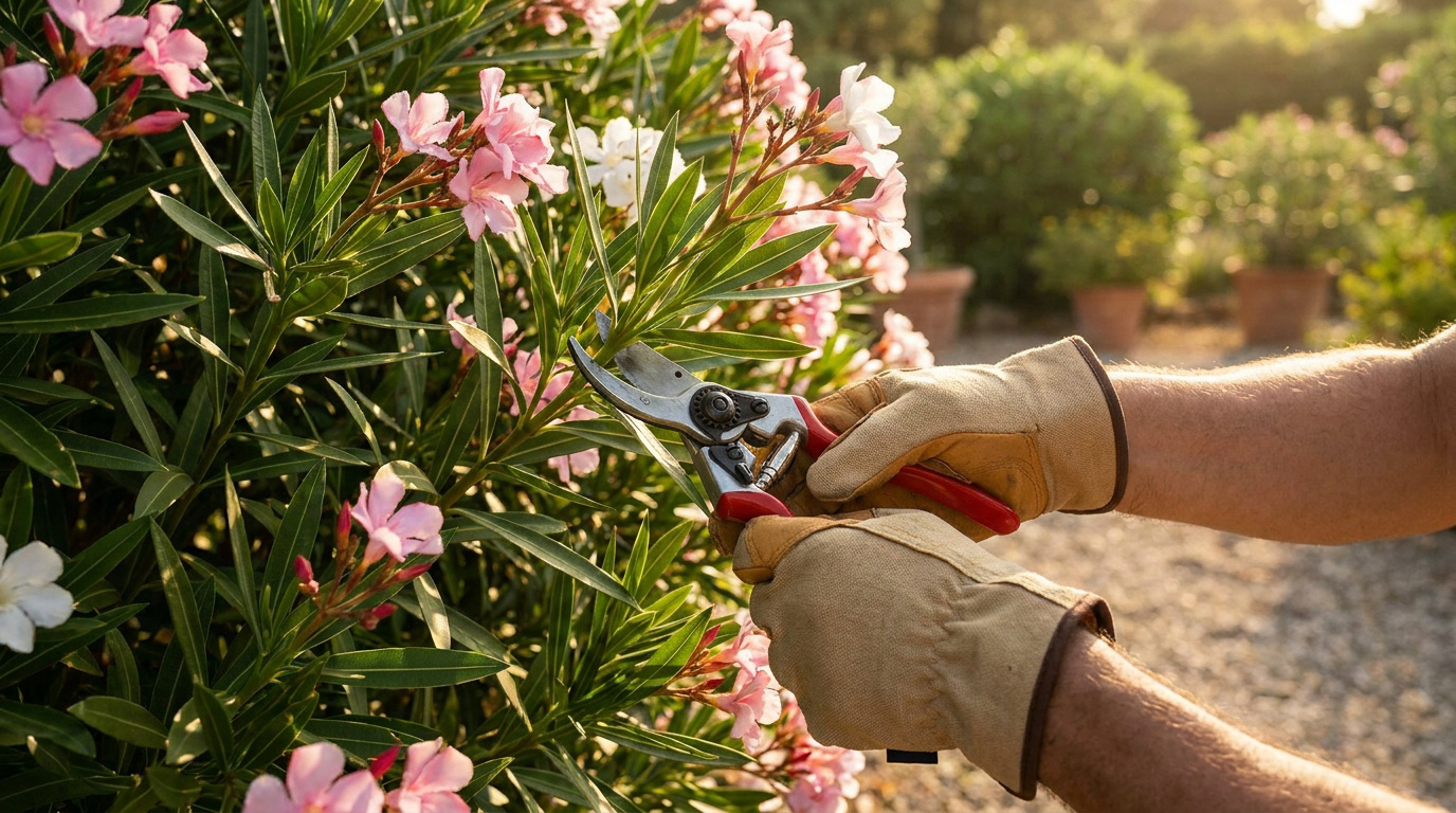 Mains portant des gants de jardinier taillant un laurier-rose en fleurs avec un sécateur.
