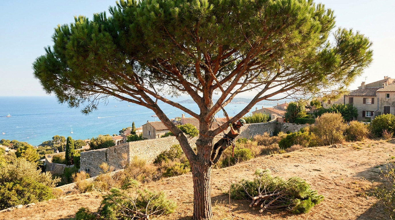 Un élagueur professionnel suspendu dans un grand pin parasol pour tailler ses branches avec une vue sur la Méditerranée.
