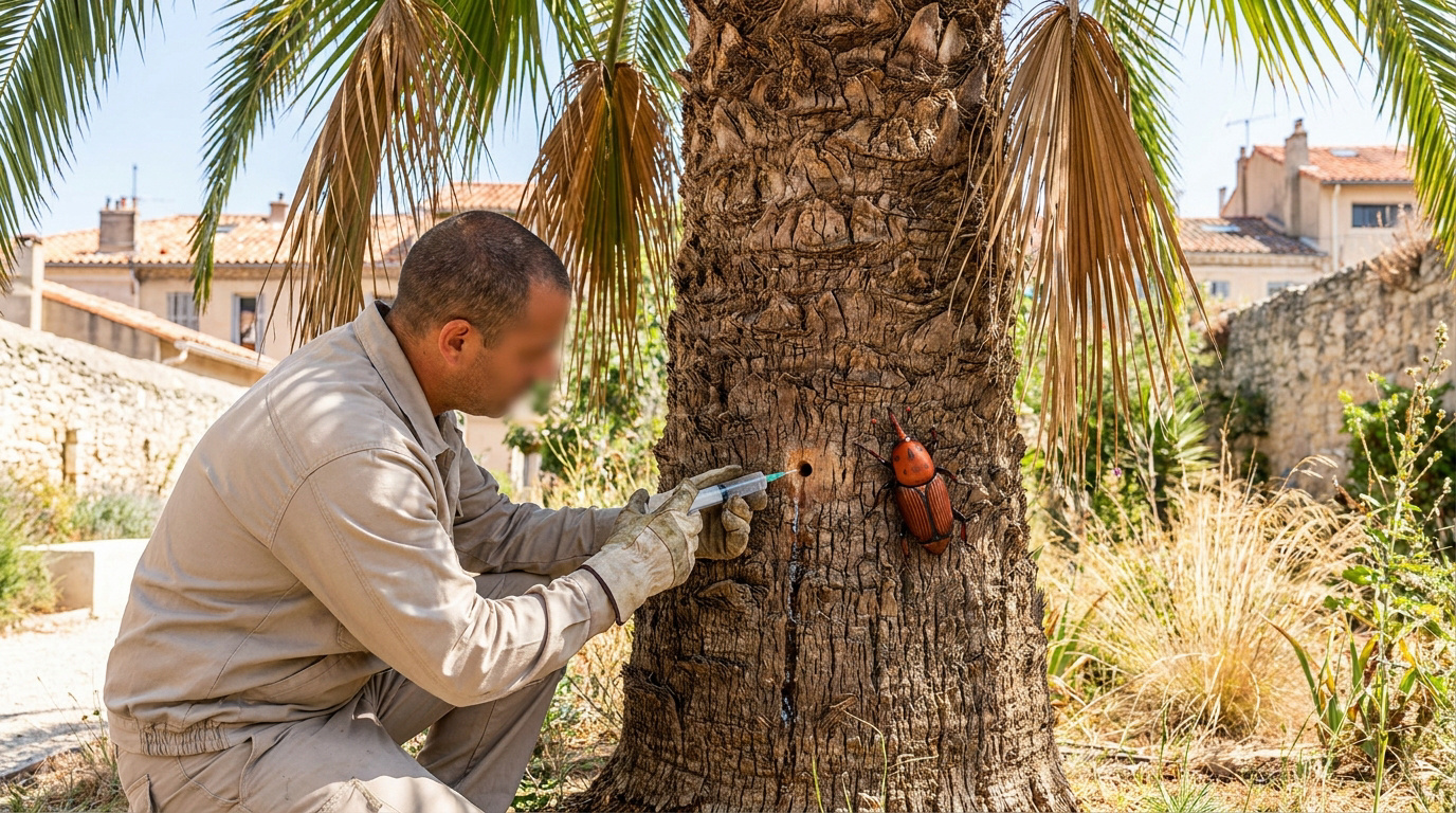 Un professionnel injecte un traitement curatif dans le tronc d'un palmier infesté par un charançon rouge.