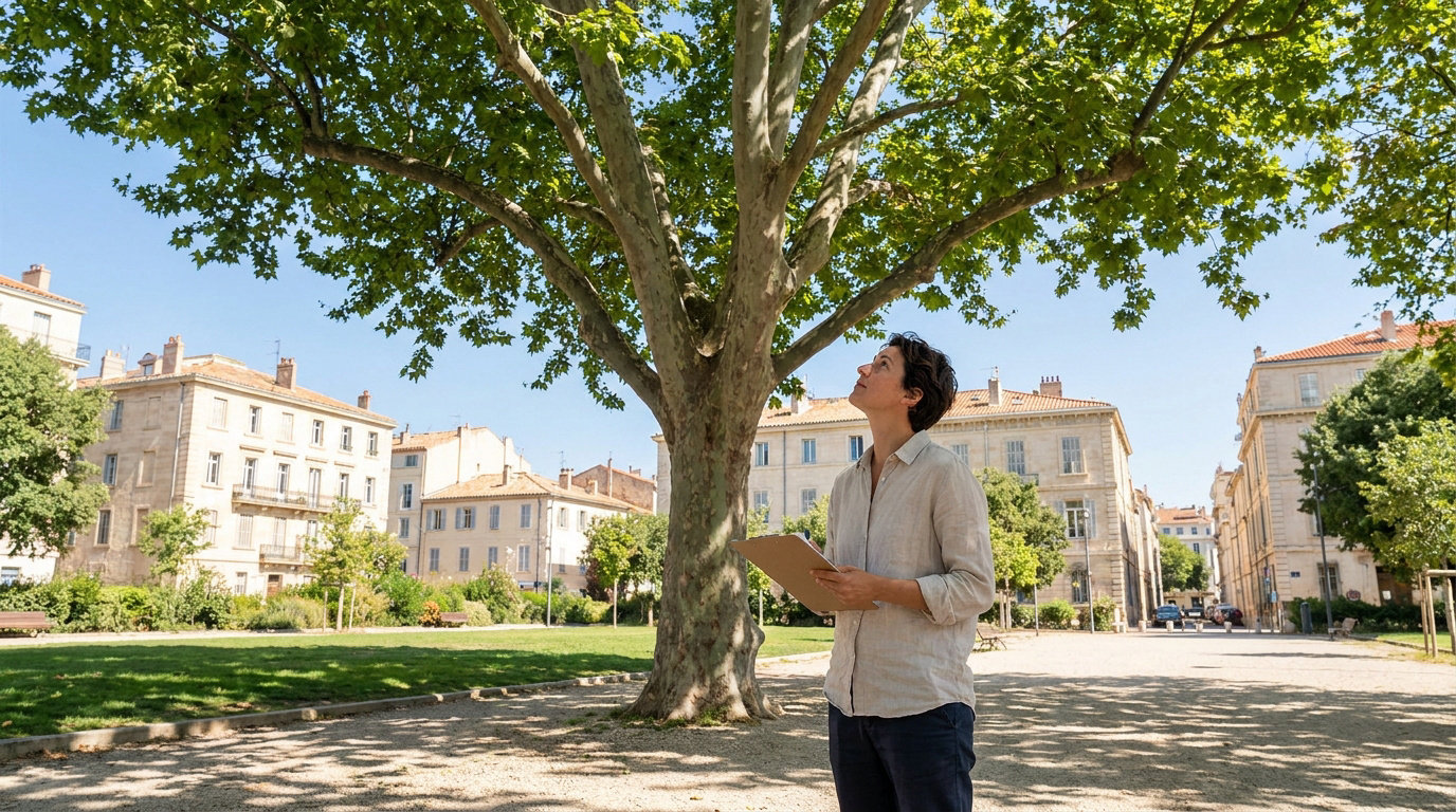 Une personne inspecte un grand arbre dans un parc urbain avec un presse-papiers pour évaluer son état.
