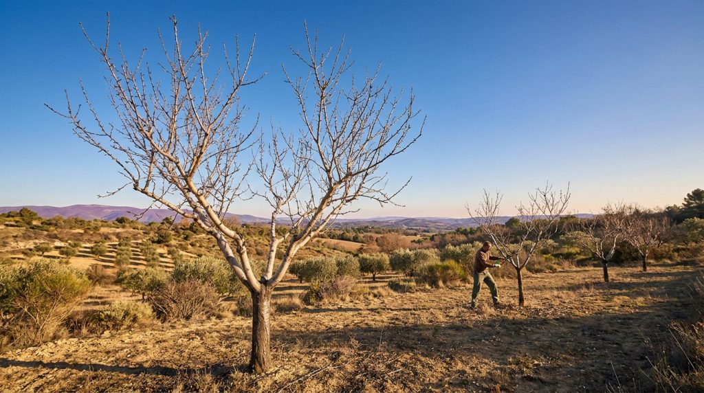 Un agriculteur taille un jeune amandier dans un verger ensoleillé en Provence.