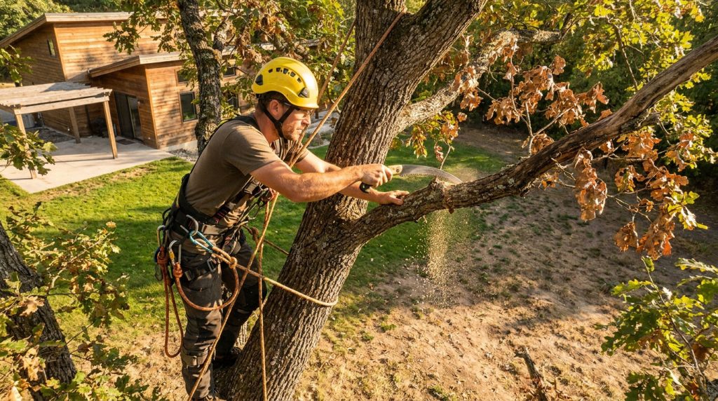 Un élagueur avec casque et équipement de sécurité coupe une branche sèche avec une scie à main dans un arbre.