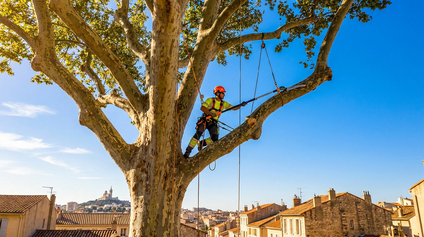 Un élagueur équipé en hauteur taille une branche d'arbre avec une perche télescopique au-dessus des toits de Marseille.