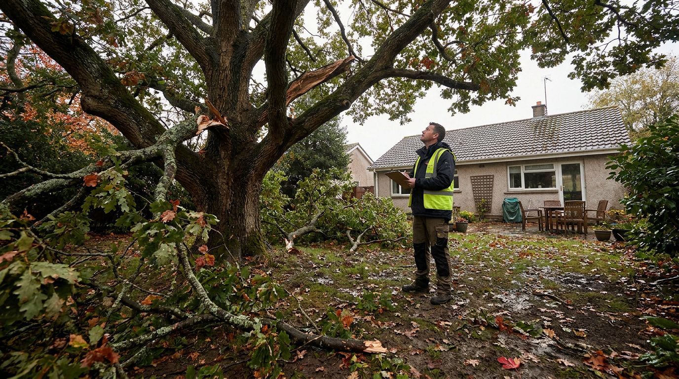 Un expert en gilet jaune inspecte un arbre endommagé par une tempête dans un jardin devant une maison.