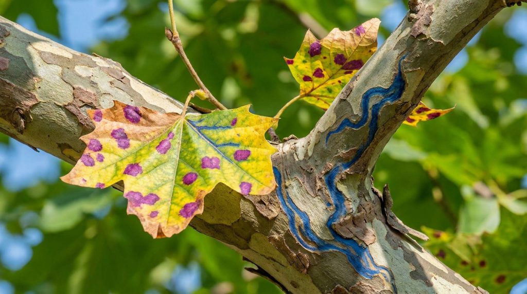 Feuille de platane jaunie avec des taches violettes sur une branche marquée par des traînées bleues.