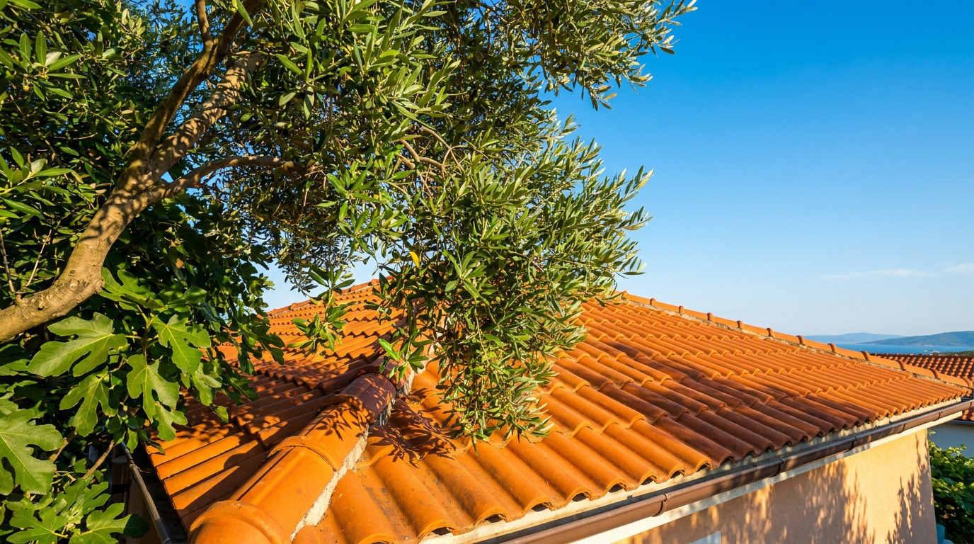 Arbre aux branches surplombant une toiture en tuiles orange sous un ciel bleu dégagé.