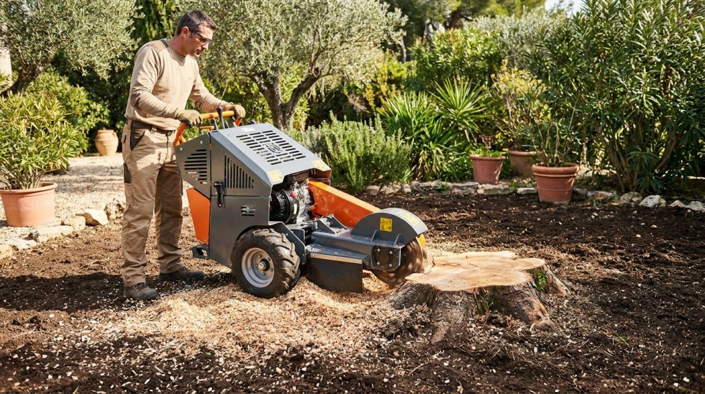 Un jardinier utilise une rogneuse de souche professionnelle pour éliminer un tronc d'arbre dans un jardin ensoleillé.