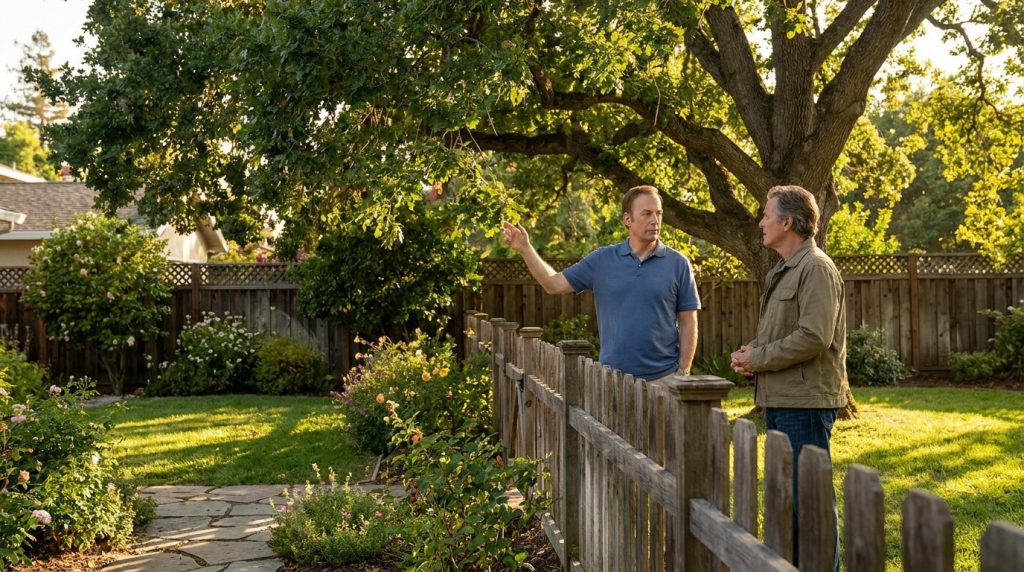 Deux hommes discutent dans un jardin près d'une clôture en bois en pointant les branches d'un grand arbre.