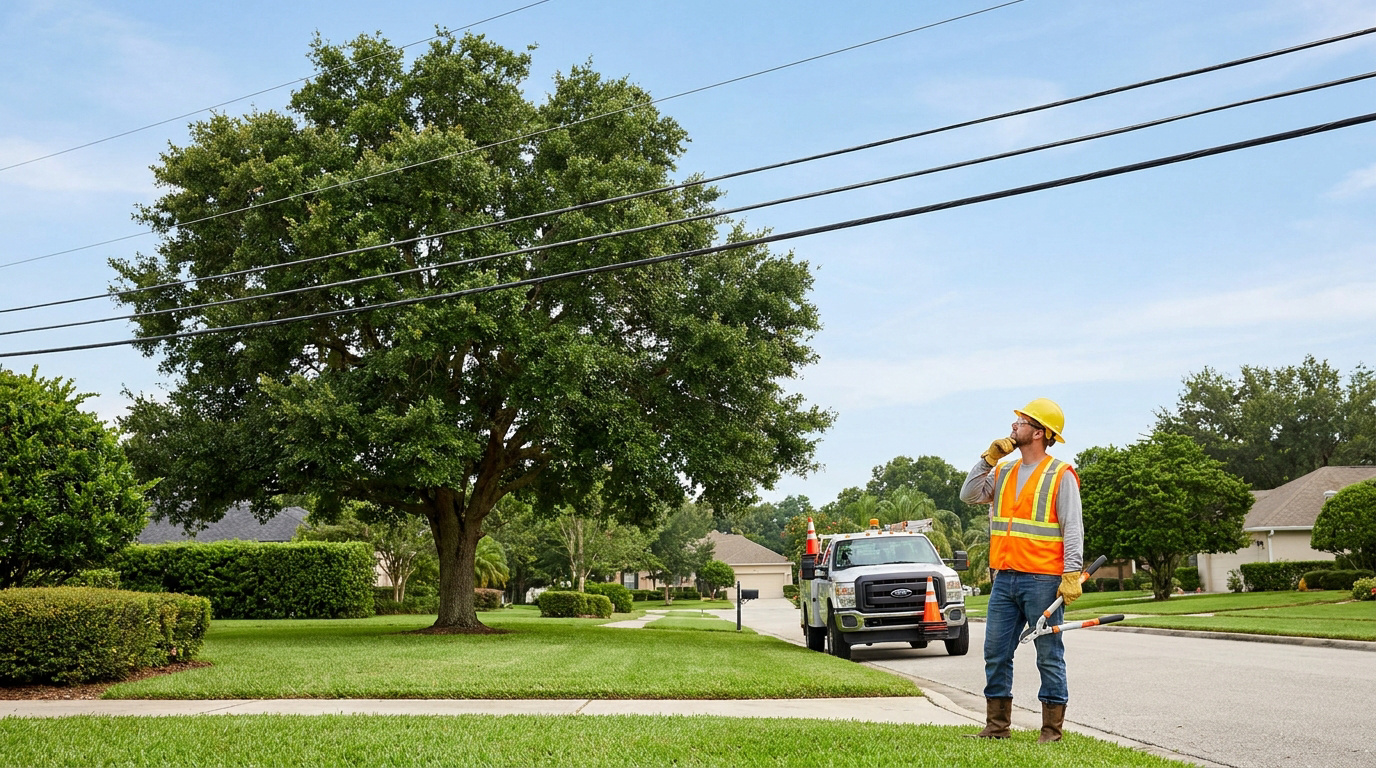 Un élagueur avec casque et gilet réfléchissant évalue la distance entre un arbre et des lignes électriques aériennes.