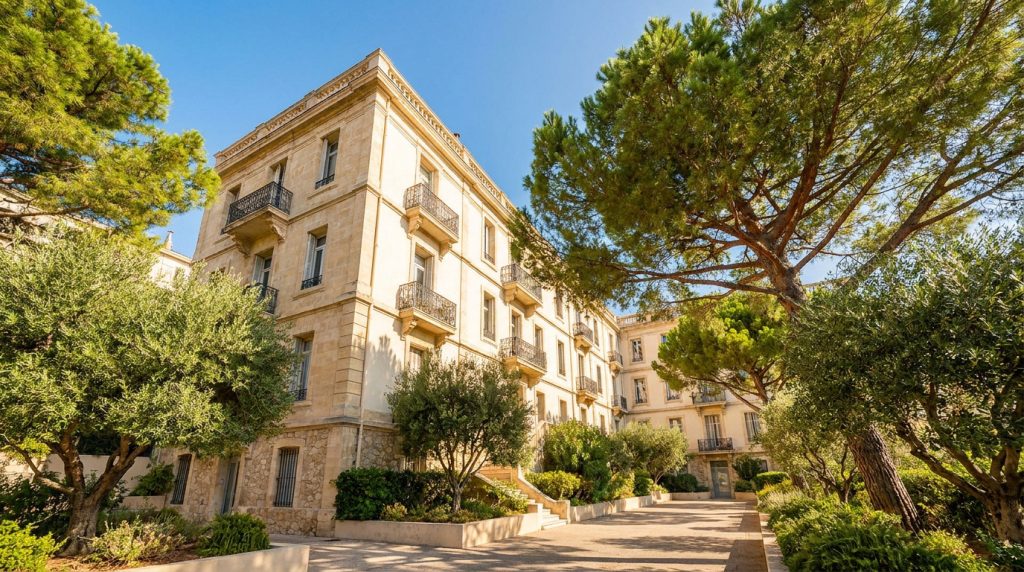 Bâtiment en pierre de taille entouré d'arbres et de végétation méditerranéenne sous un ciel bleu.