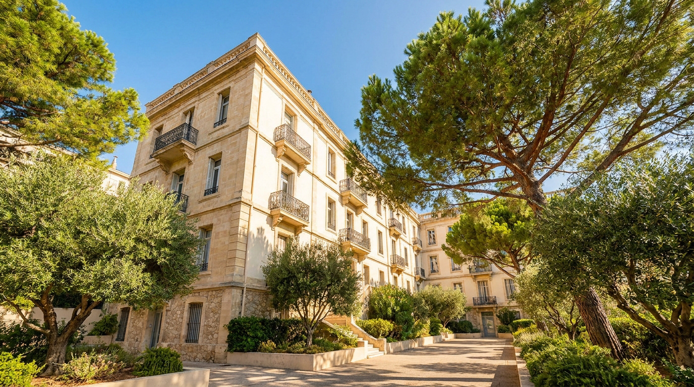 Bâtiment en pierre de taille entouré d'arbres et de végétation méditerranéenne sous un ciel bleu.