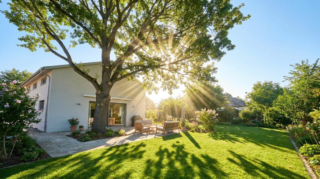 Rayons de soleil filtrant à travers un grand arbre au-dessus d'une terrasse de maison.