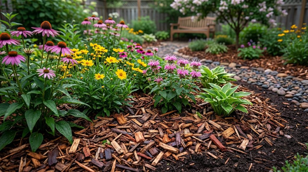 Massif fleuri avec échinacées et fleurs jaunes, paillé avec des copeaux de bois dans un jardin paysager.