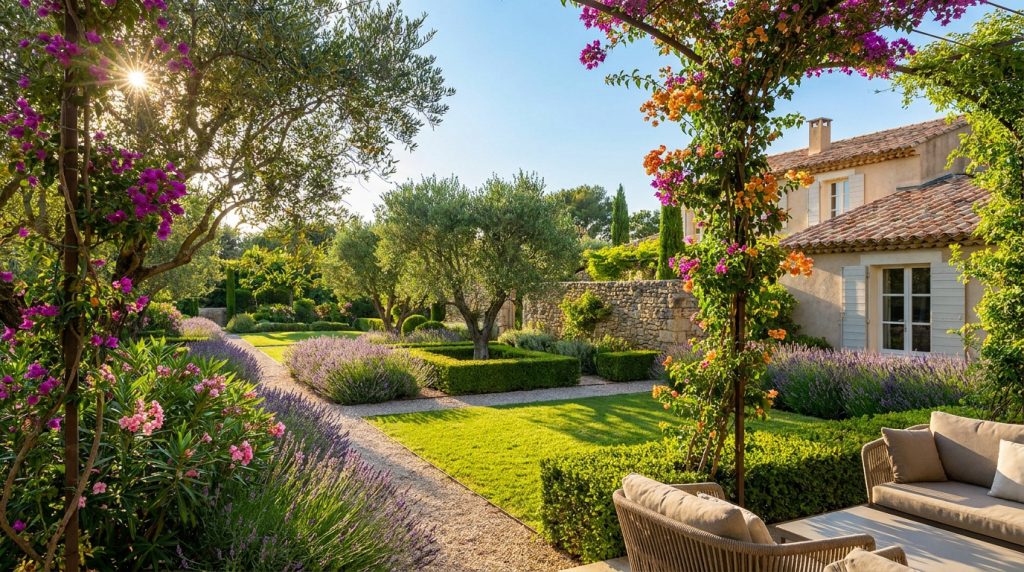 Beau jardin méditerranéen avec lavande, oliviers et salon de jardin sous une tonnelle fleurie à Marseille.