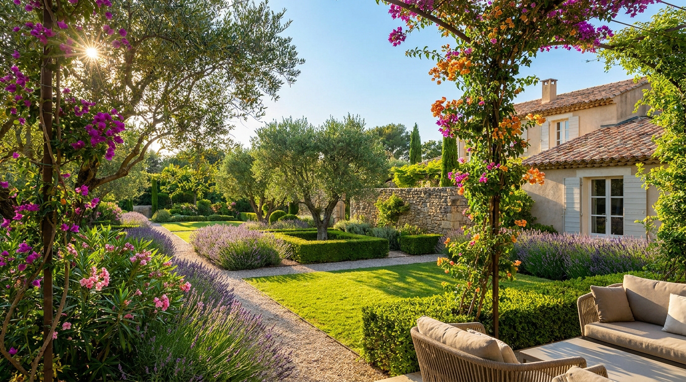 Beau jardin méditerranéen avec lavande, oliviers et salon de jardin sous une tonnelle fleurie à Marseille.