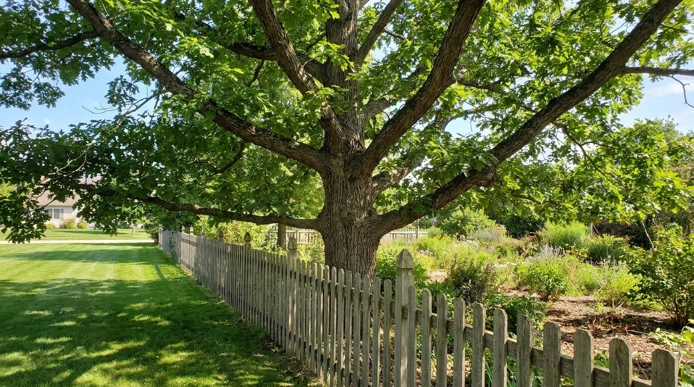 Grand chêne surplombant une clôture en bois séparant un jardin fleuri d'une pelouse tondue.