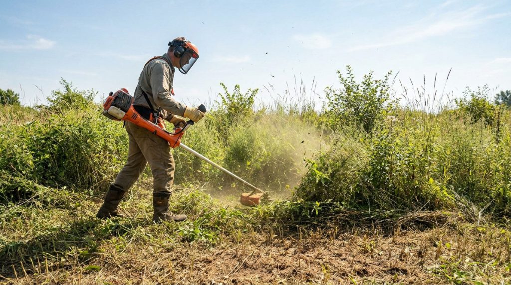 Un paysagiste équipé d'une débroussailleuse thermique nettoie un terrain en friche sous un soleil éclatant.