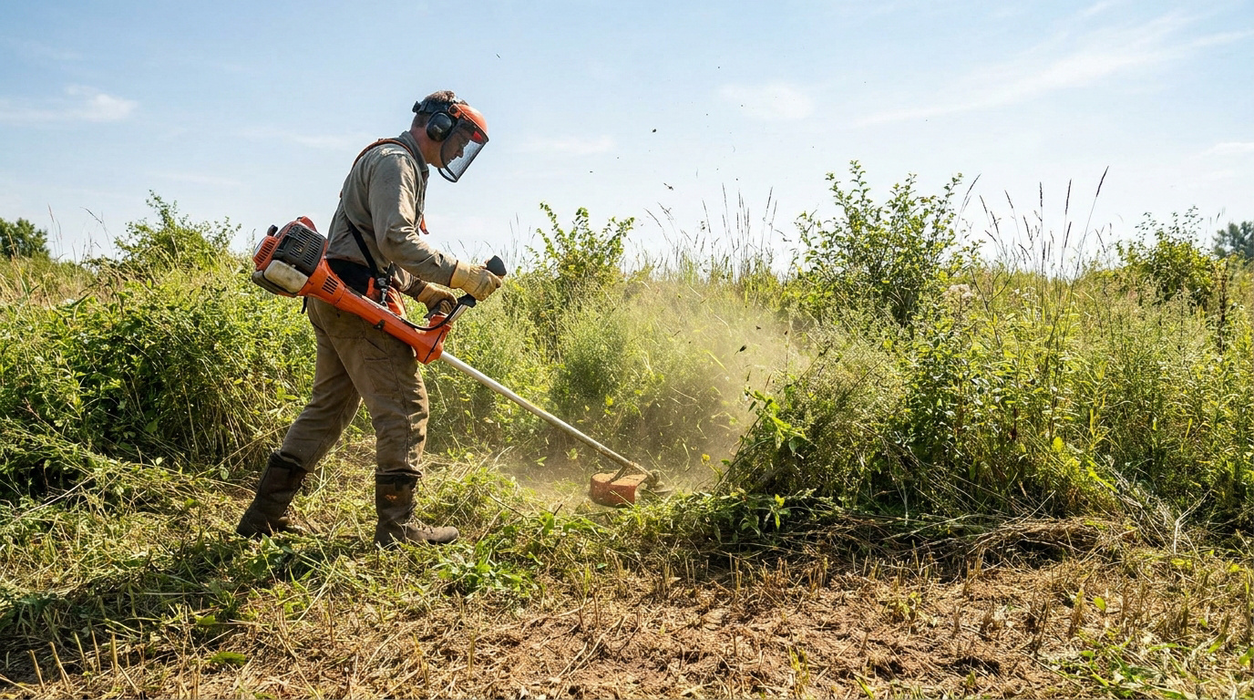 Un paysagiste équipé d'une débroussailleuse thermique nettoie un terrain en friche sous un soleil éclatant.