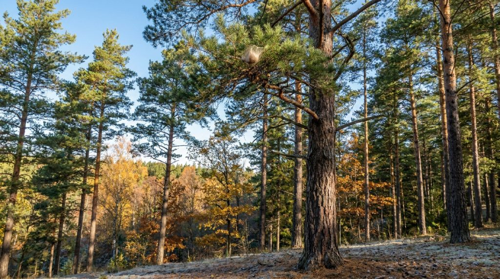 Nid de soie blanc de chenilles processionnaires suspendu aux branches d'un grand pin dans une forêt automnale.