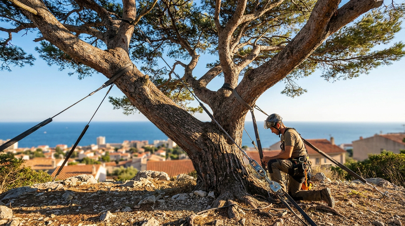 Un élagueur professionnel installe un système de haubanage sur un arbre avec la mer Méditerranée en arrière-plan.