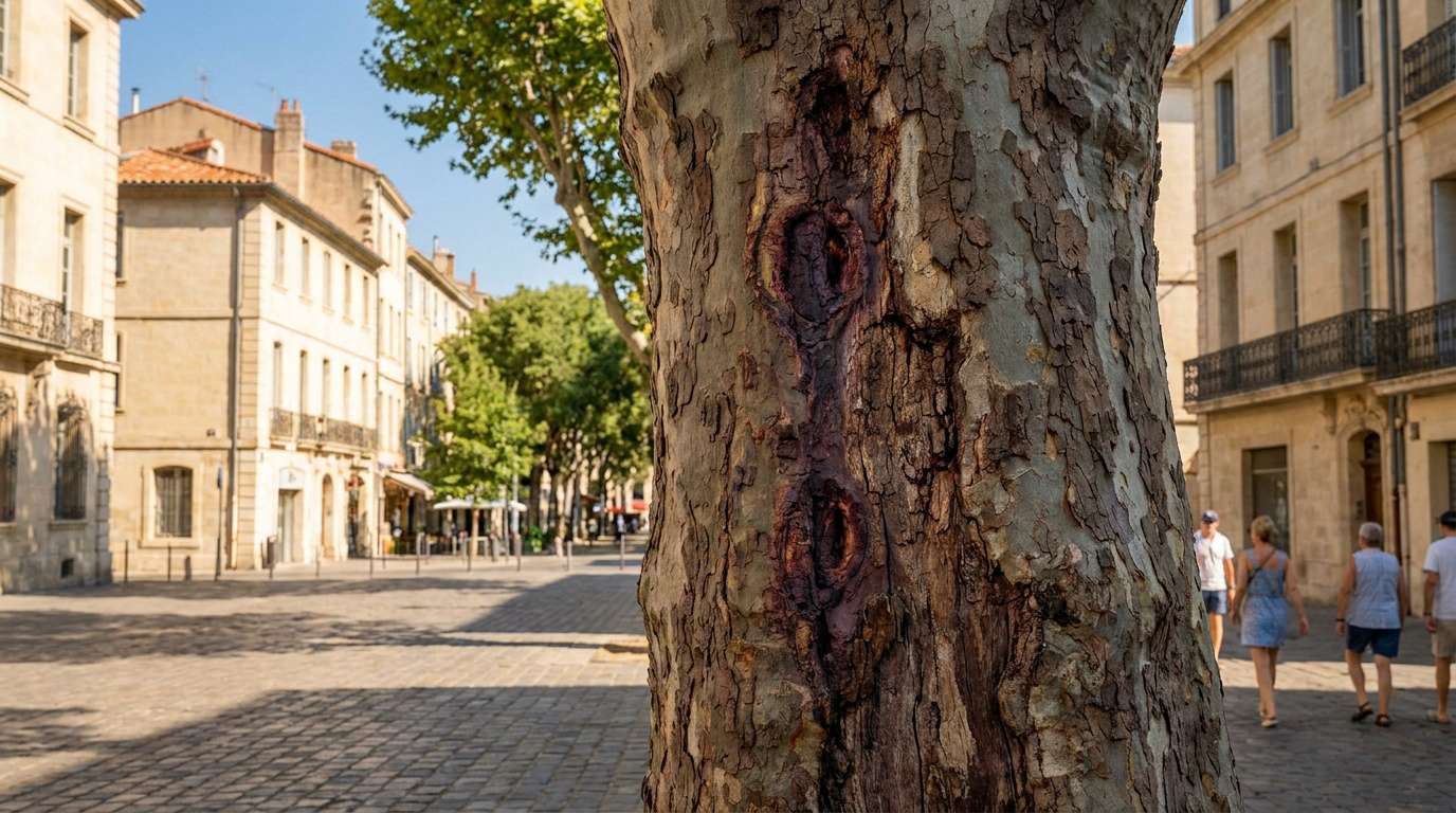 Gros plan sur le tronc d'un platane infecté par le chancre coloré dans une rue pavée de Marseille.