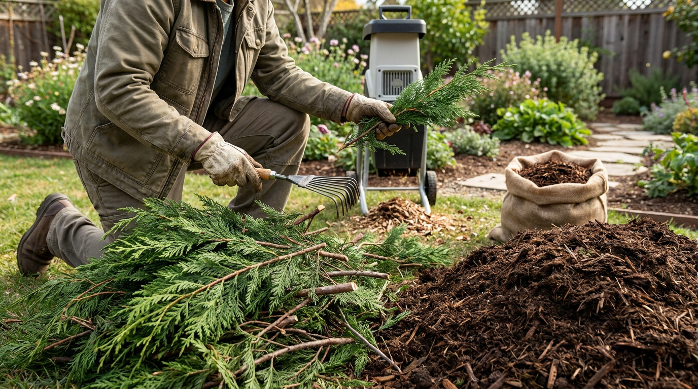 Un jardinier prépare des branches de cyprès pour le broyeur de végétaux dans un jardin.