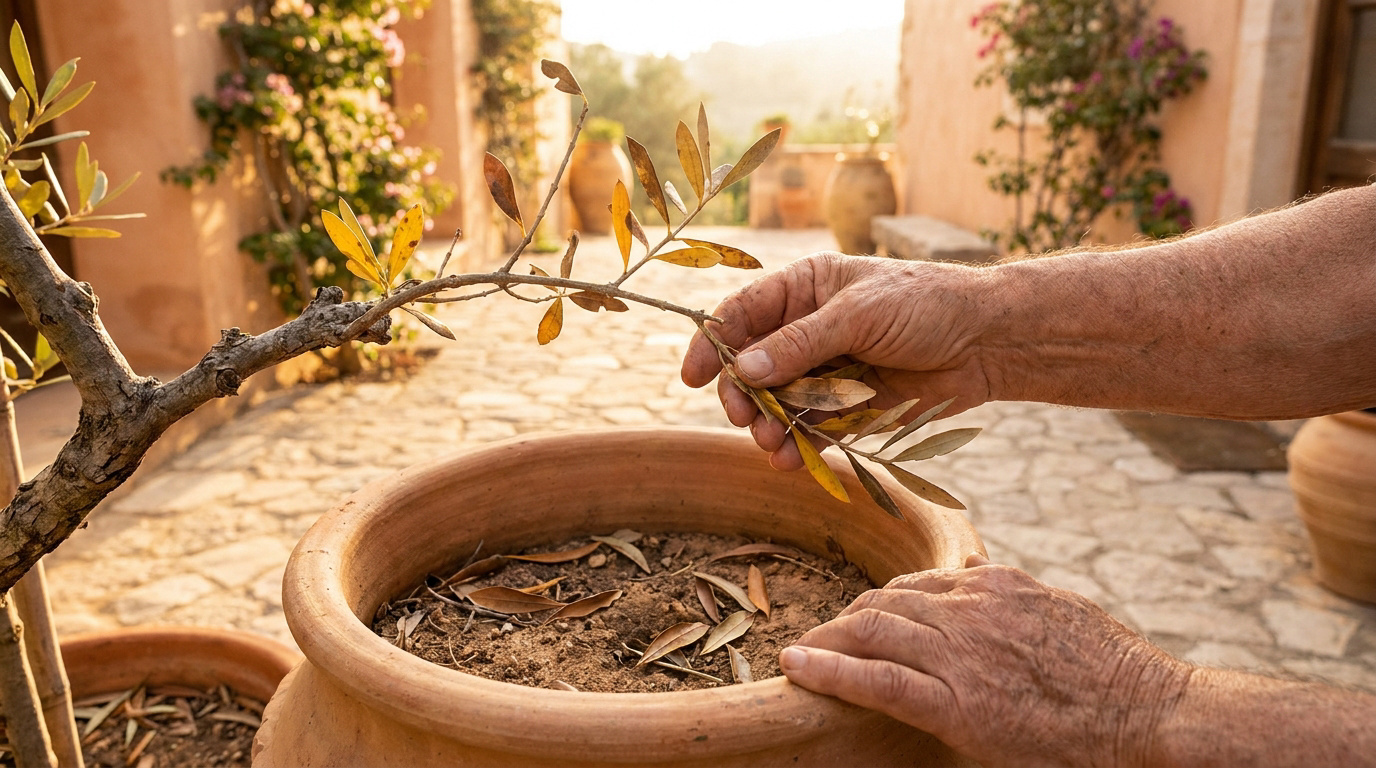 Un jardinier examinant une branche d'olivier en pot dont les feuilles jaunissent et tombent.