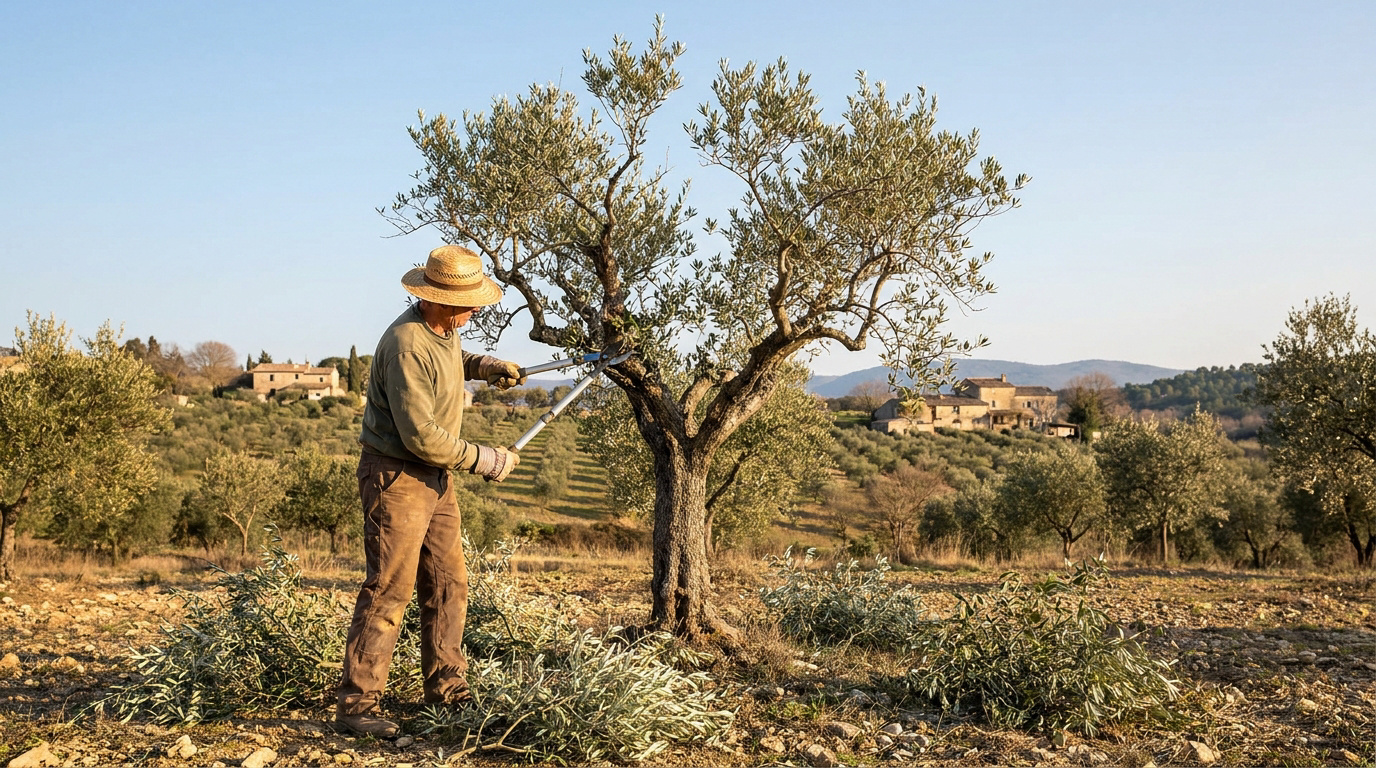 Un oléiculteur avec un chapeau de paille taille un olivier dans un verger ensoleillé en Provence.