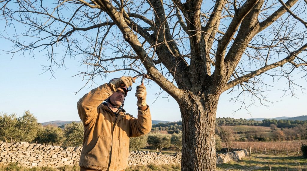 Un élagueur professionnel coupe une branche d'un micocoulier dénudé dans un paysage provençal en hiver.