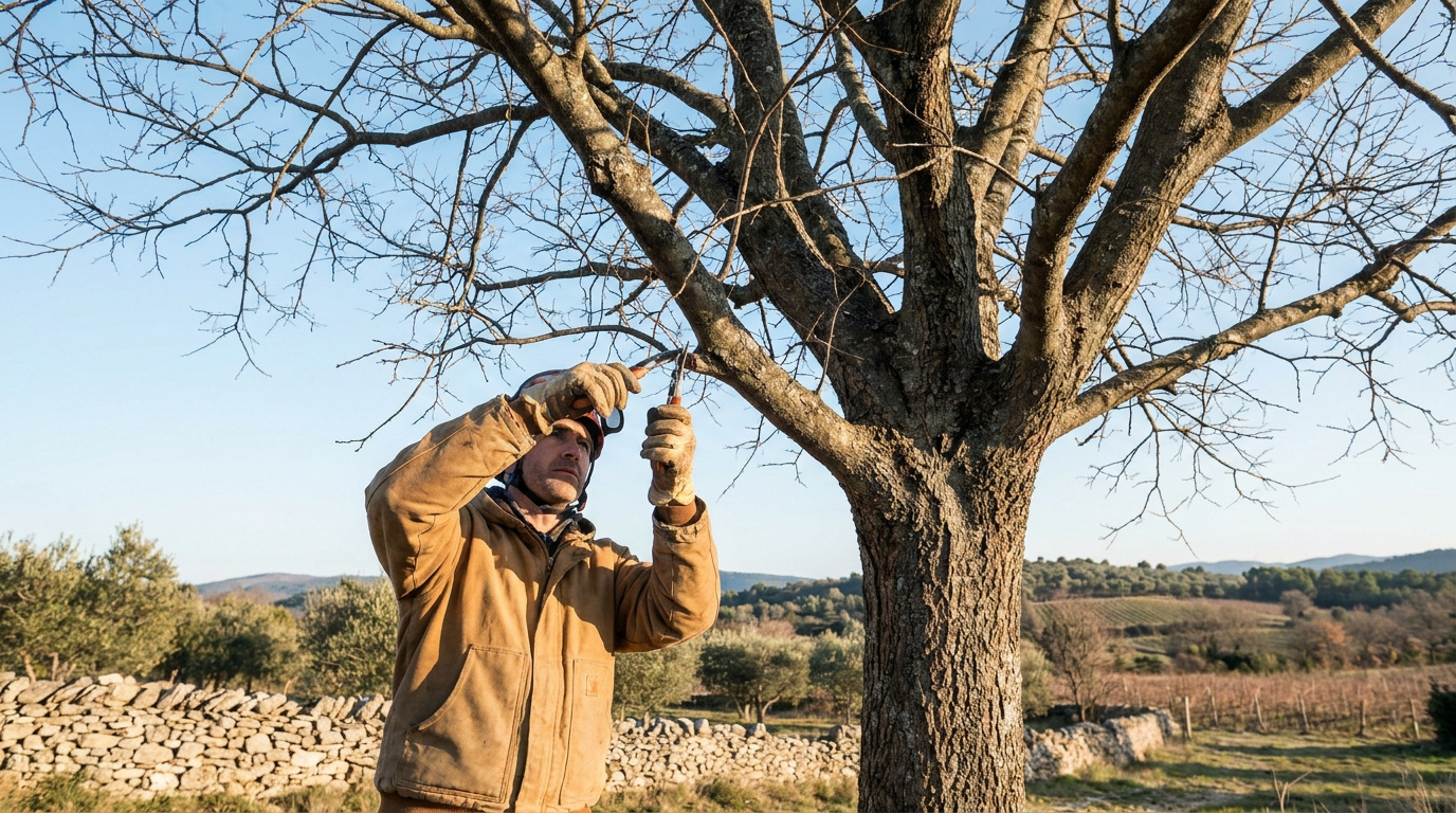 Un élagueur professionnel coupe une branche d'un micocoulier dénudé dans un paysage provençal en hiver.