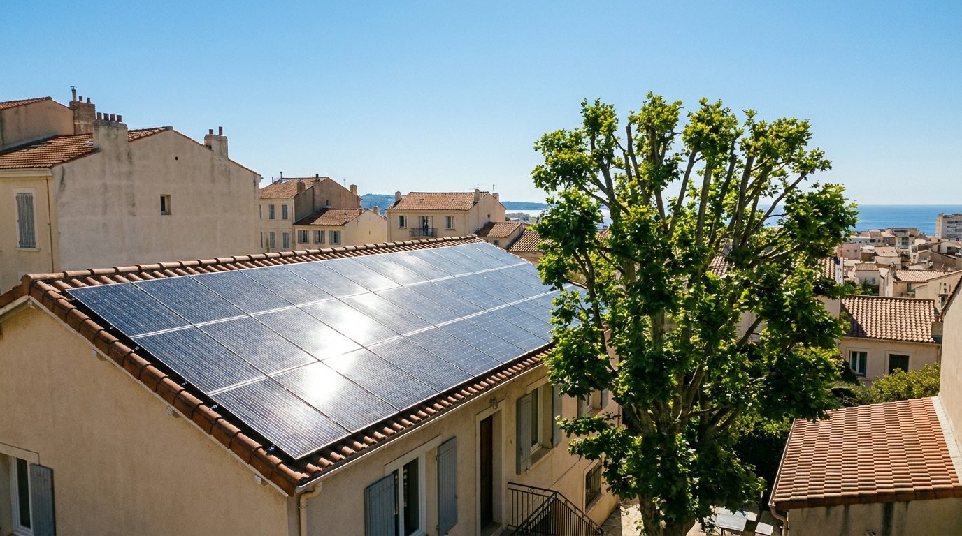 Vue en plongée d'un toit équipé de panneaux solaires ombragé par un grand arbre dans un village méditerranéen.