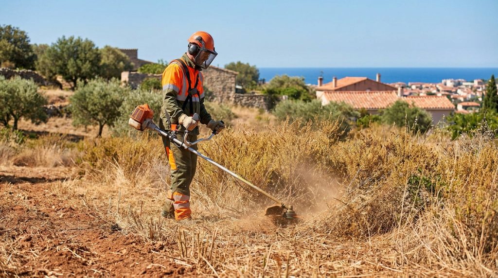 Un ouvrier équipé d'une débroussailleuse travaille sur un terrain sec sous un ciel ensoleillé à Marseille.