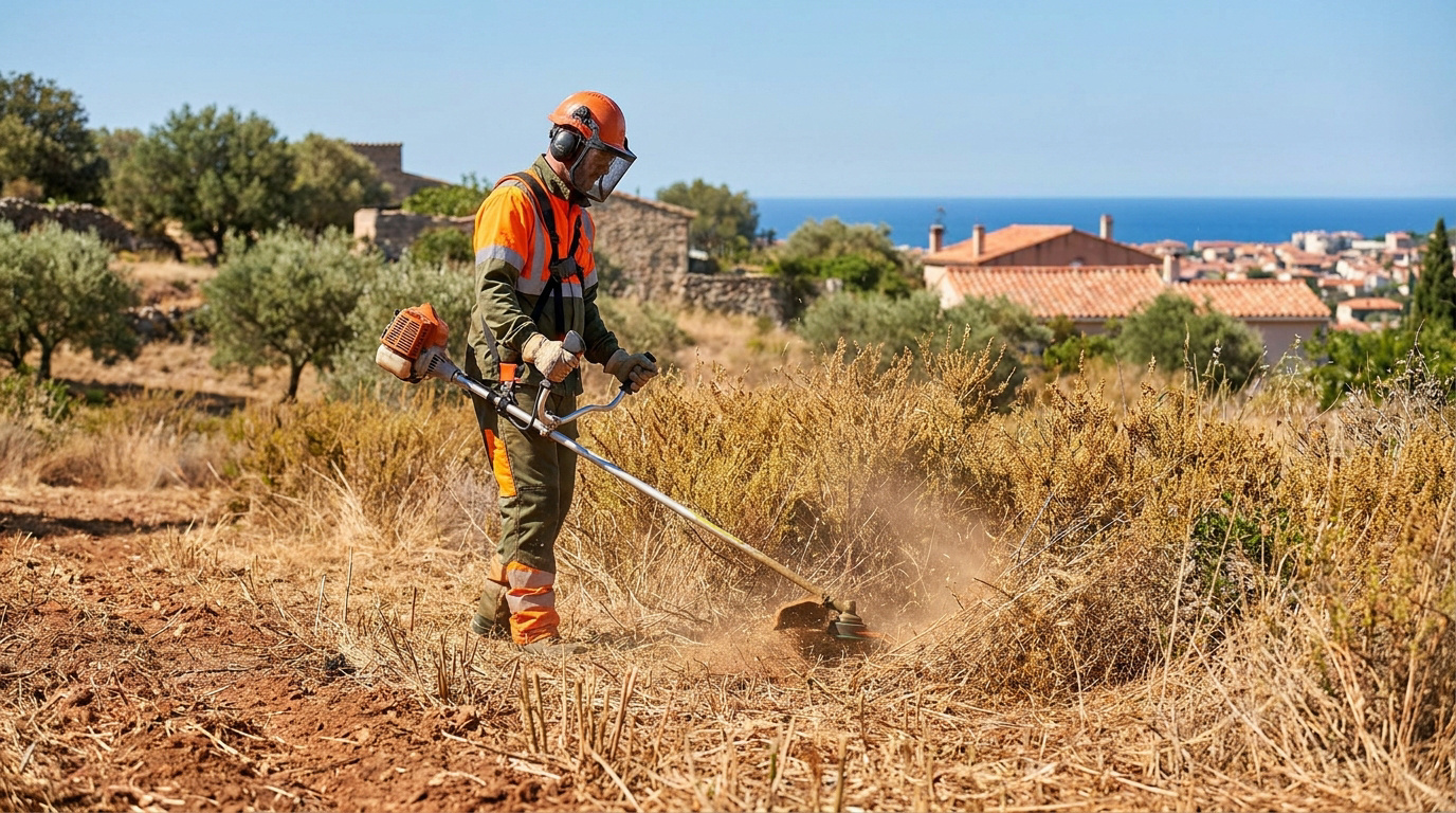 Un ouvrier équipé d'une débroussailleuse travaille sur un terrain sec sous un ciel ensoleillé à Marseille.