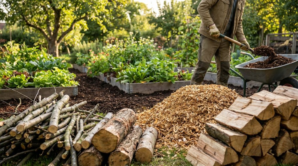 Un jardinier utilise du broyat de bois dans son potager avec des bûches et des branchages au premier plan.