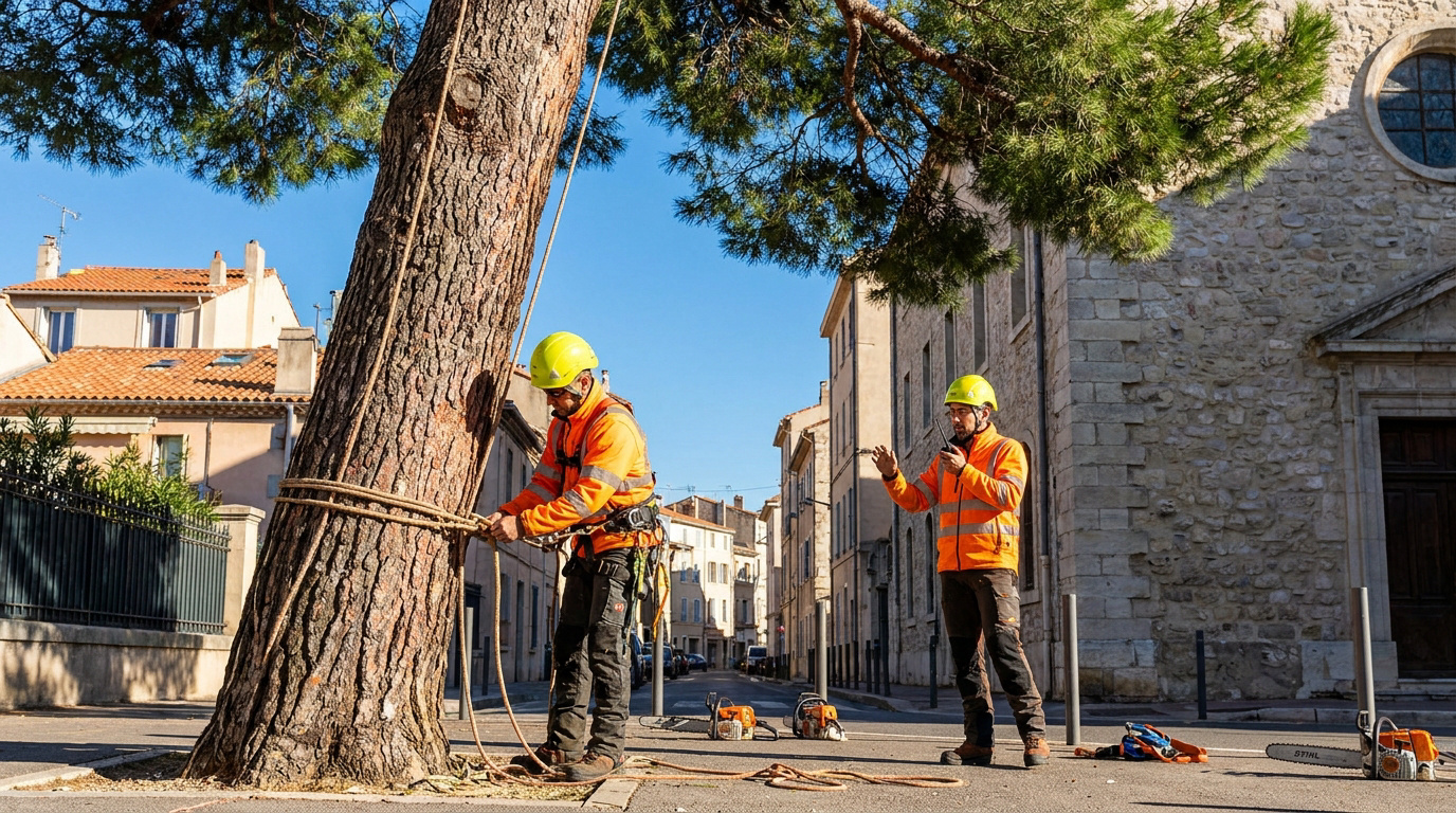 Deux élagueurs en équipement de sécurité installent des cordages sur un pin avant son abattage dans une rue de Marseille.