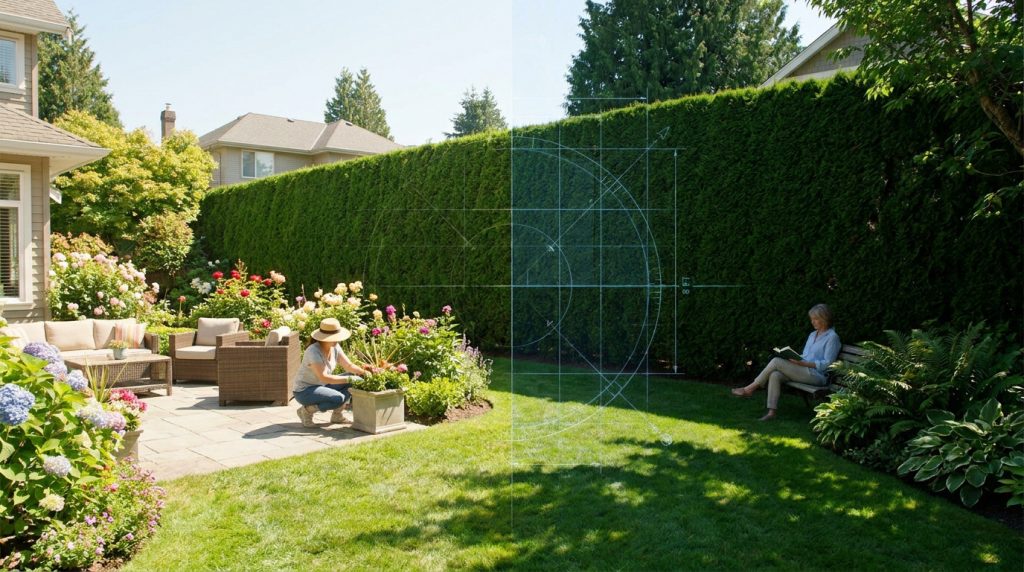 Jardin résidentiel avec une haute haie verte, une femme jardine et une autre lit, avec des lignes de mesure techniques.
