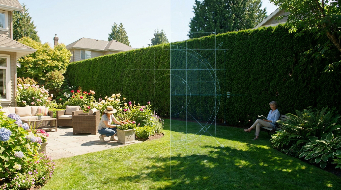 Jardin résidentiel avec une haute haie verte, une femme jardine et une autre lit, avec des lignes de mesure techniques.