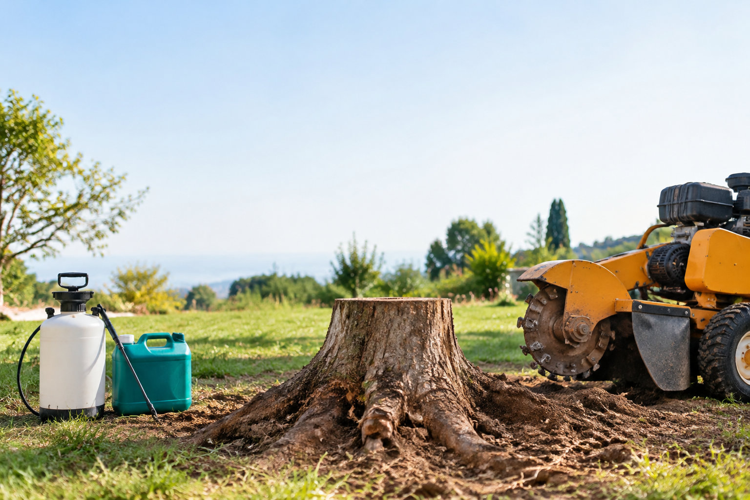 Une souche d'arbre au centre, entourée d'une rogneuse de souche à droite et d'un pulvérisateur à gauche dans un jardin.