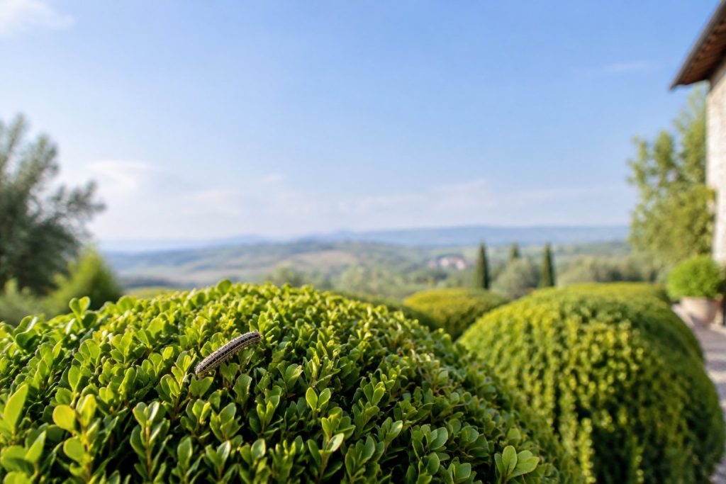 Une chenille de pyrale du buis sur une boule de buis taillée avec un paysage vallonné en arrière-plan.
